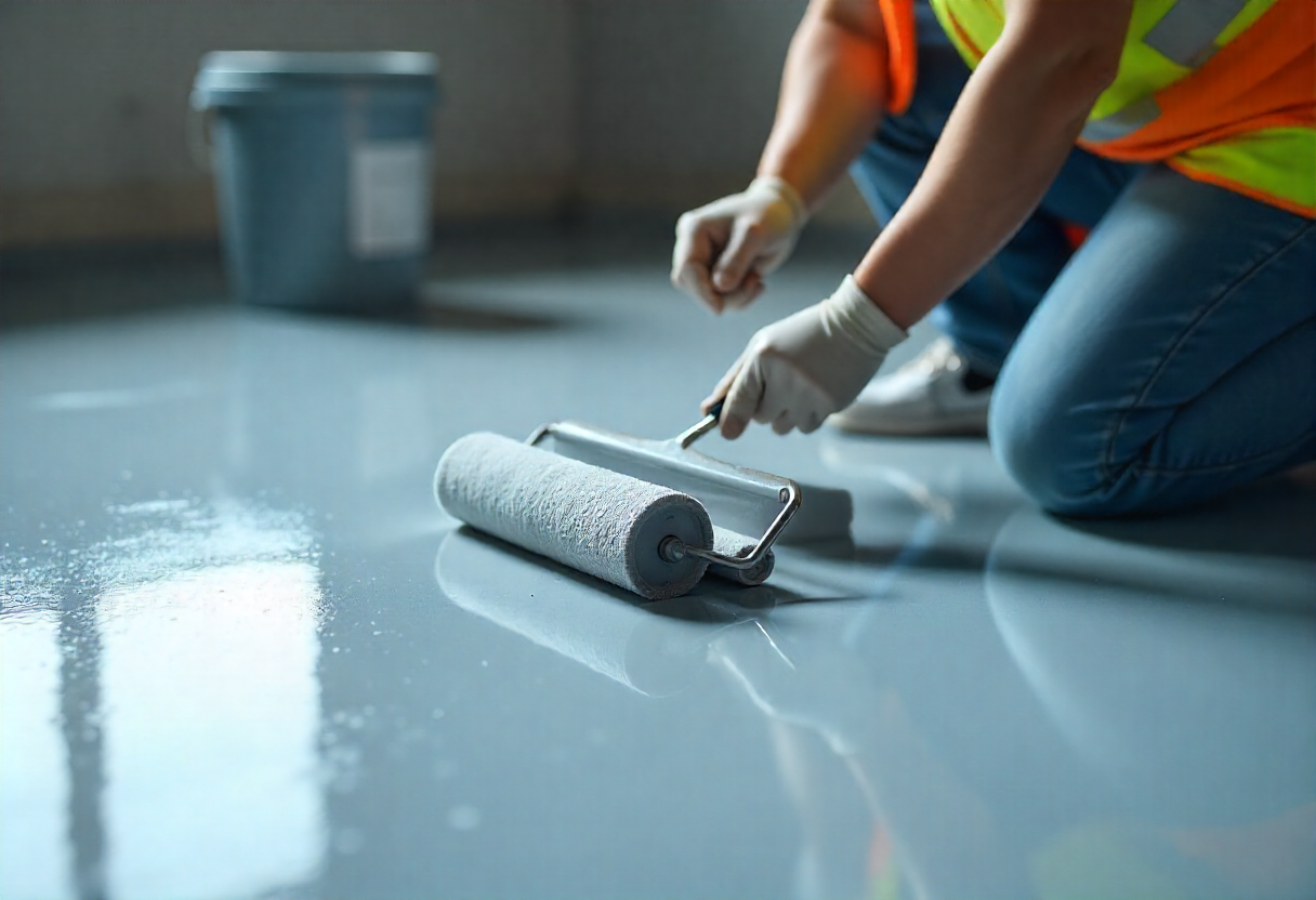 A professional epoxy floor contractor working inside a modern residential garage