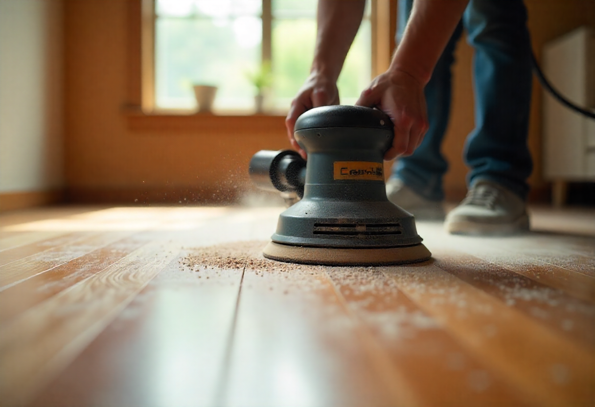 Close-up of a worker sanding hardwood flooring in a room with a window