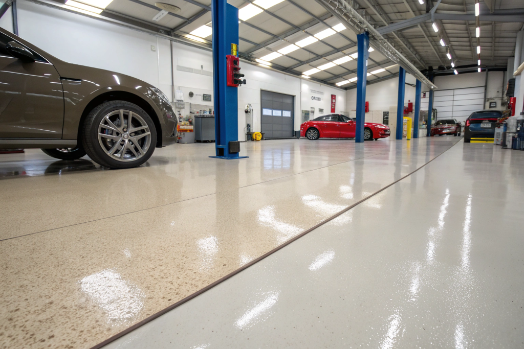 Automotive shop epoxy flooring in Newcastle slip-resistant coating