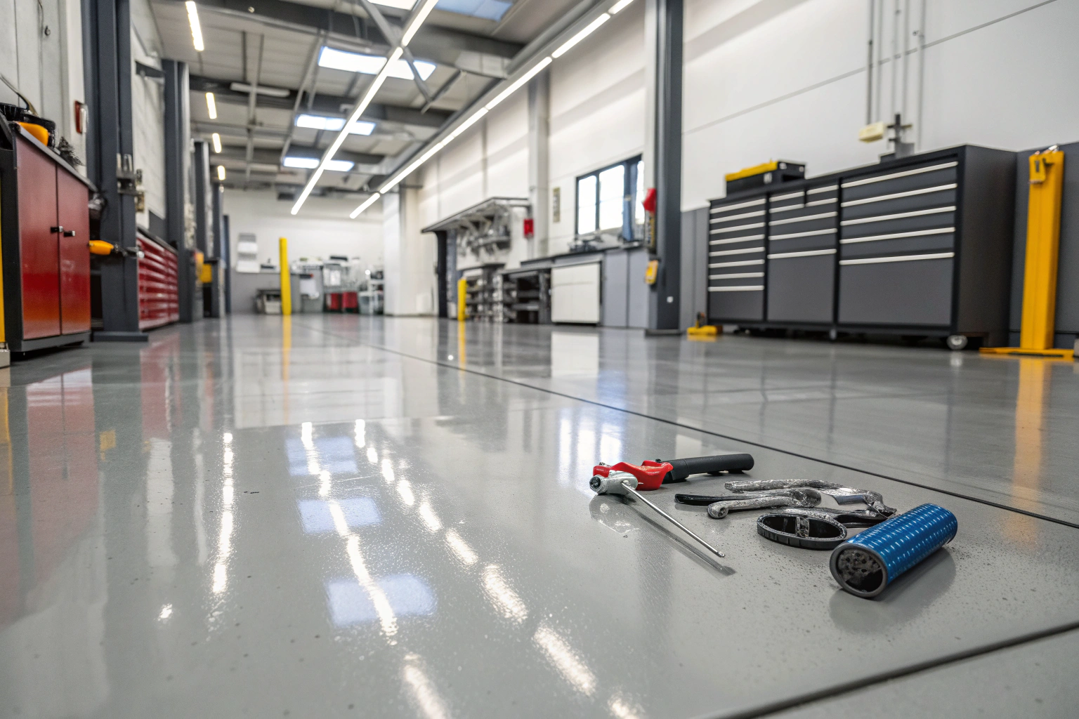 Automotive workshop with glossy epoxy floor coating