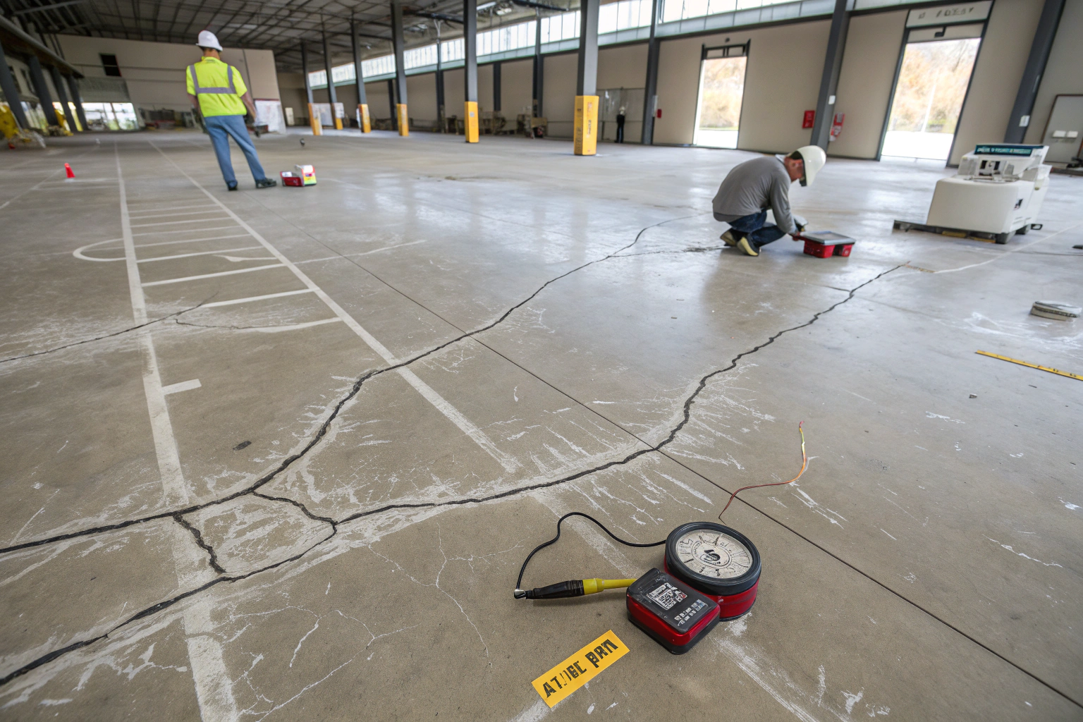 Technicians testing a cracked warehouse concrete slab with diagnostic equipment