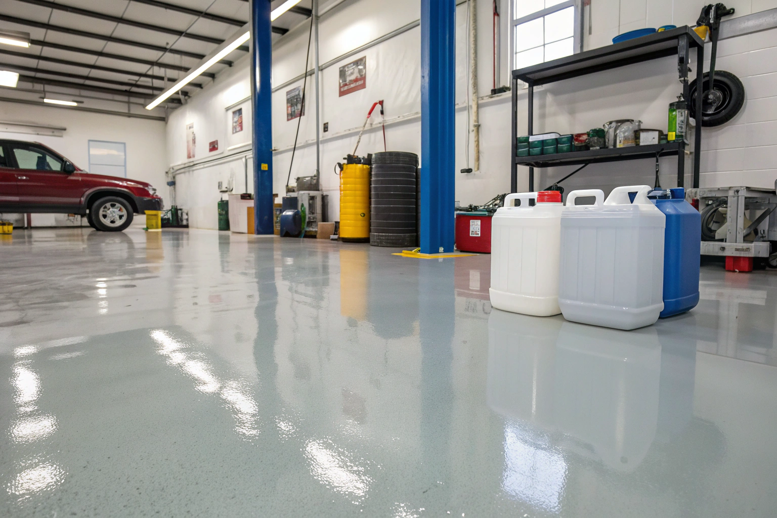 Oil and chemical containers stored on a grey epoxy floor in a vehicle workshop