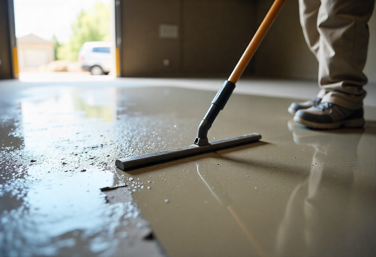 Tradesperson applying a fresh concrete overlay to a garage floor with a squeegee