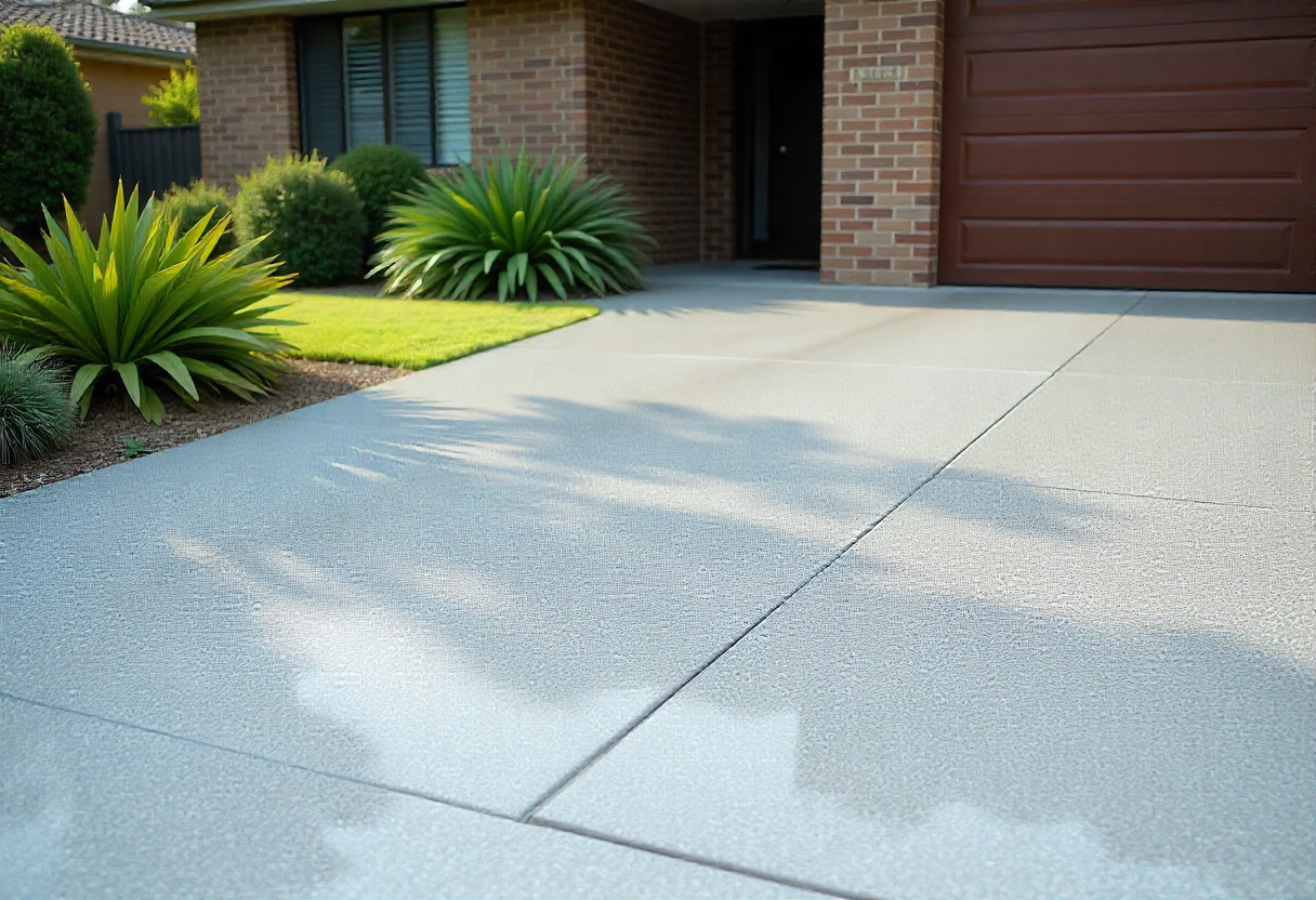 Smooth light grey coated driveway leading to a brick home's garage
