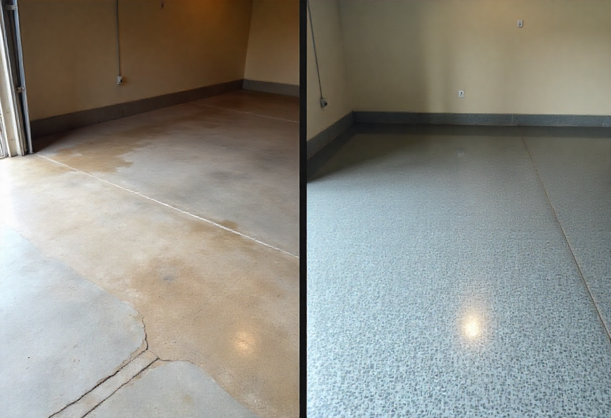 Before-and-after split of a concrete surface preparation project
