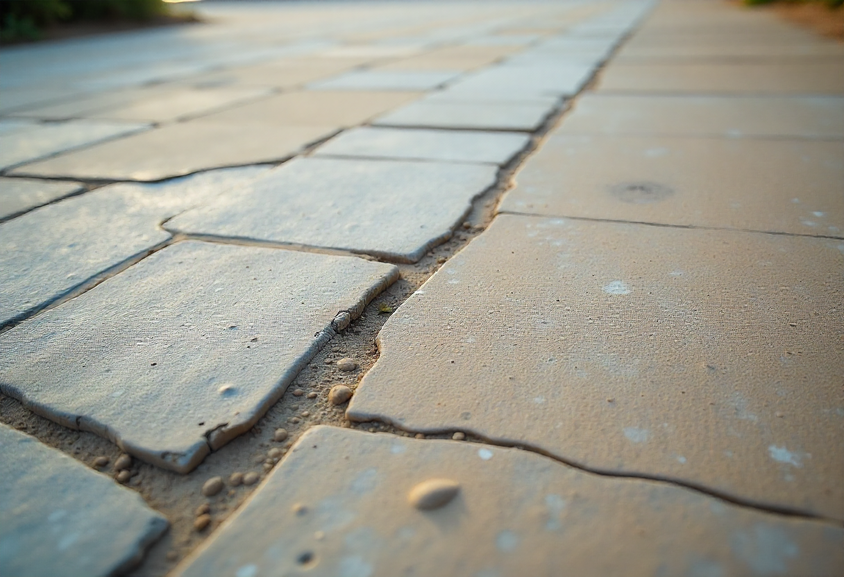 Close-up of a cracked, weathered paved surface showing joint deterioration