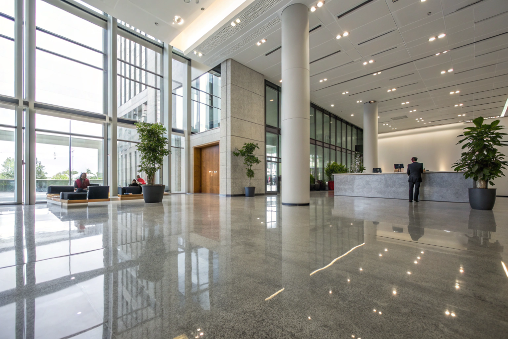 Modern office building lobby with polished, high-gloss flooring and a reception desk
