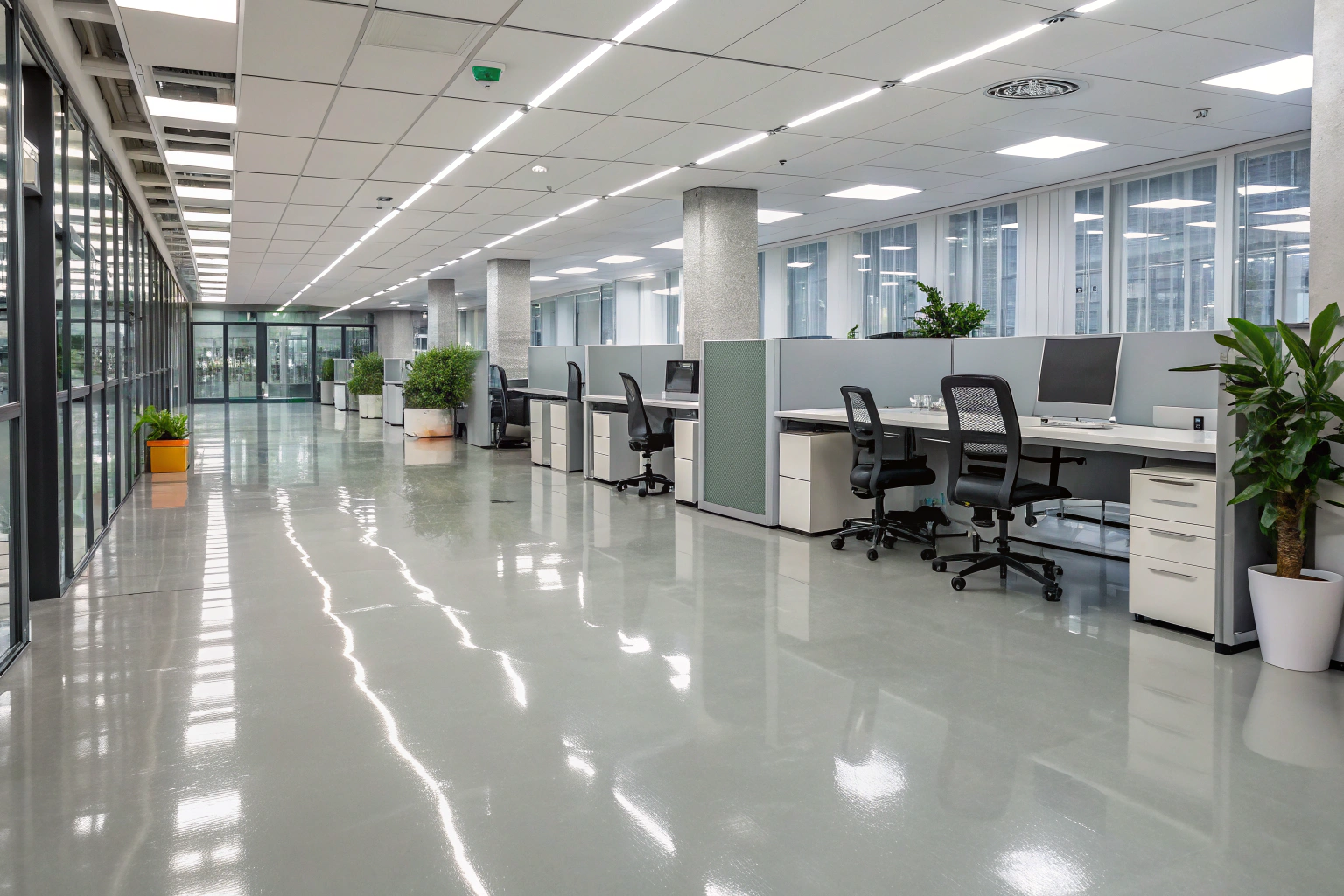Modern open-plan office workspace with seamless light-reflective epoxy flooring