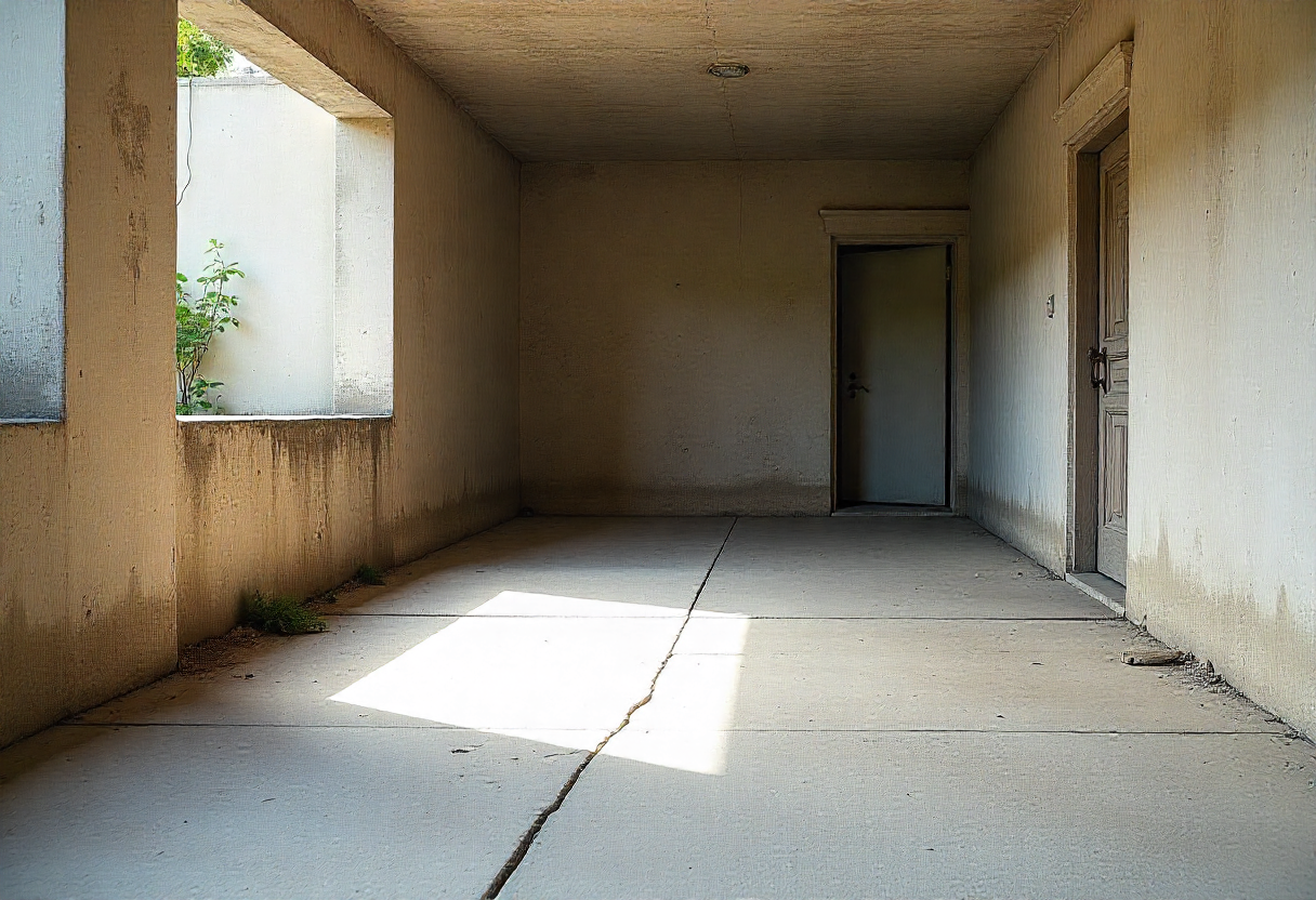 Neglected, cracked concrete floor in a shaded outdoor patio area before epoxy coating