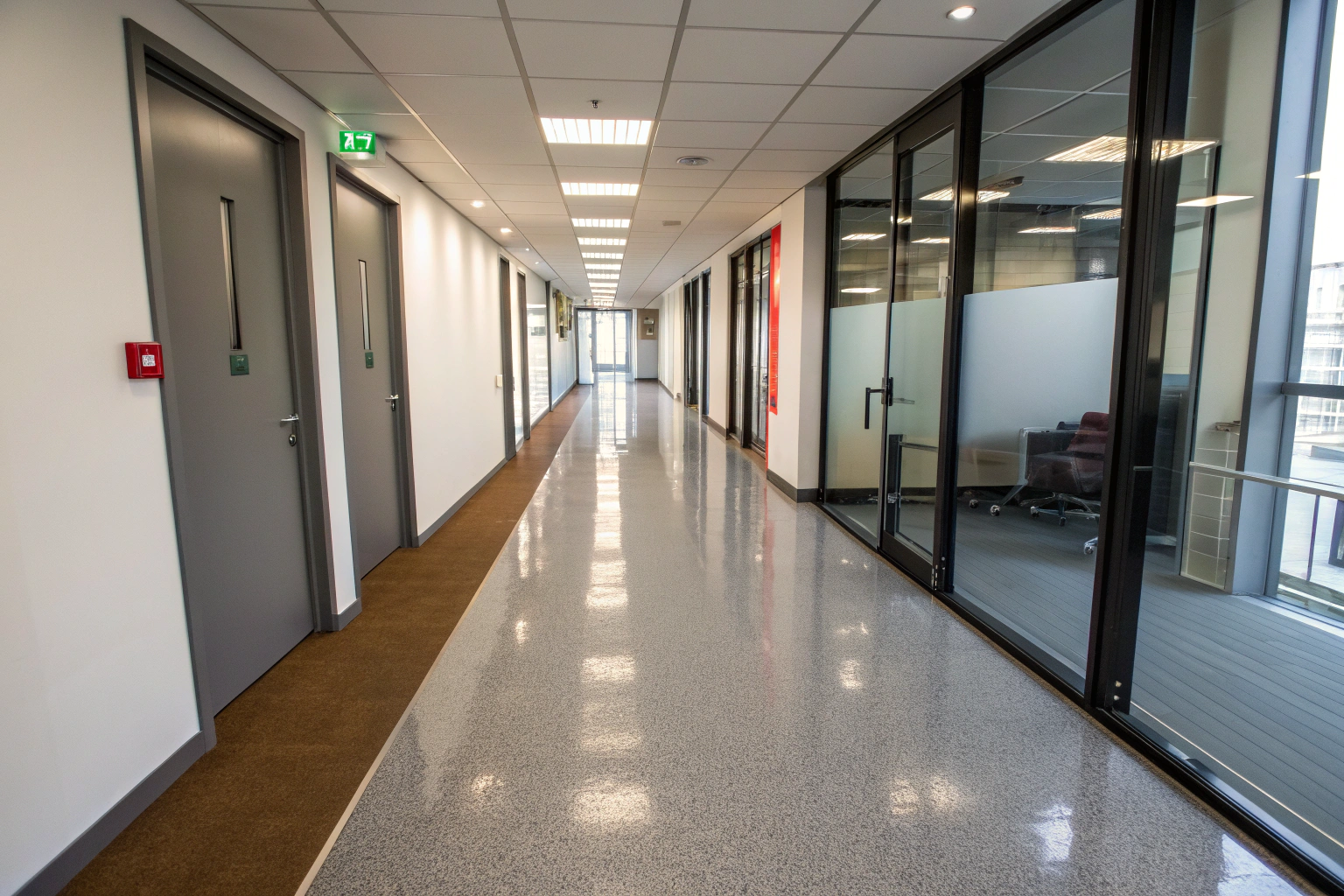 Office corridor with terrazzo-look epoxy flooring and glass-walled meeting rooms