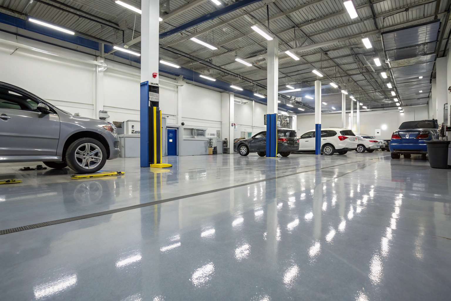Professional automotive workshop interior with glossy finish