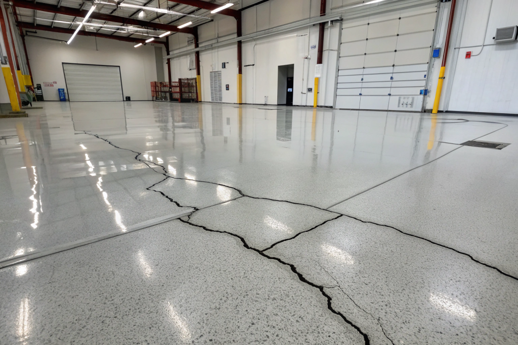 Long structural crack running across a polished warehouse epoxy floor