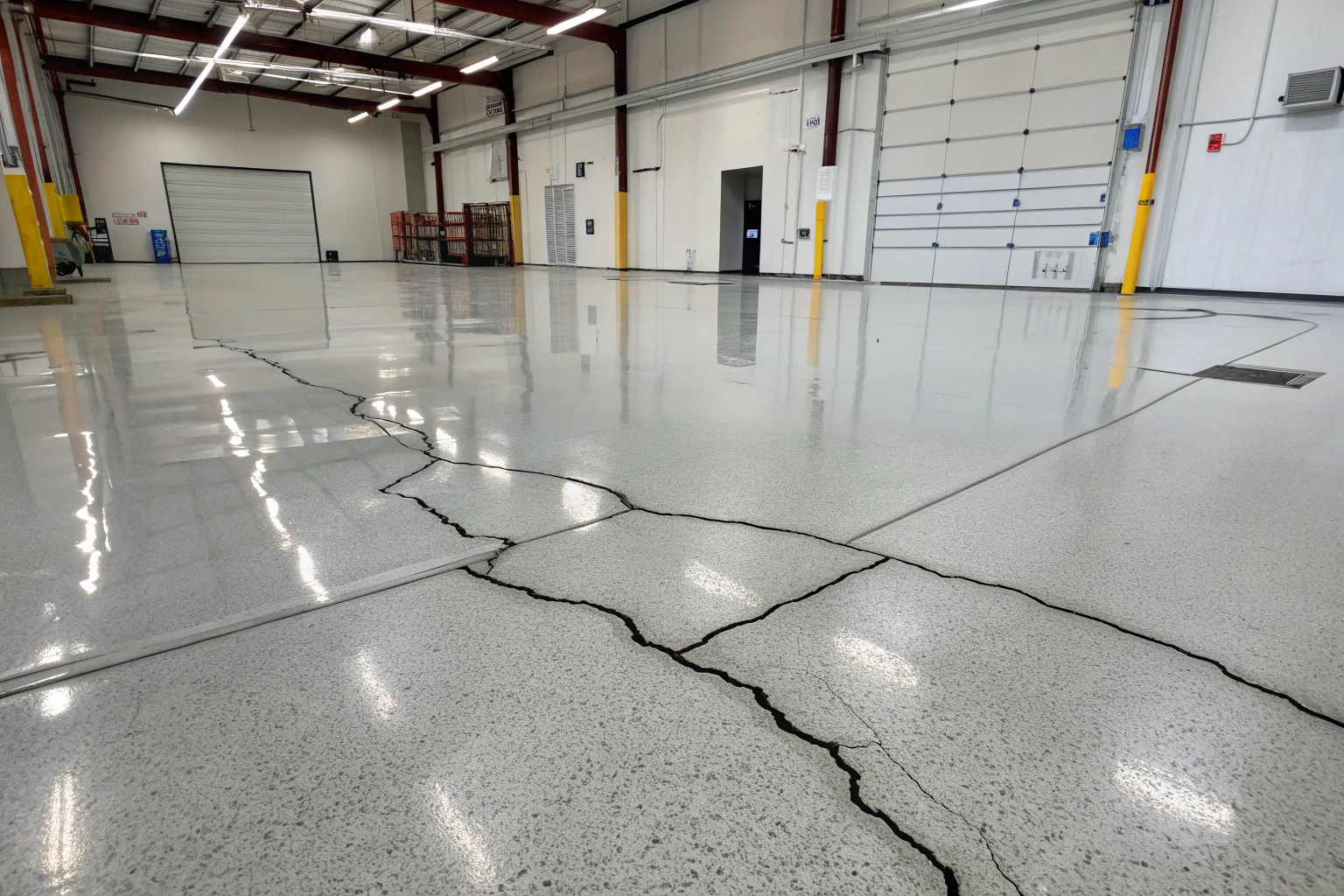 Long crack running across a polished warehouse epoxy floor before repair