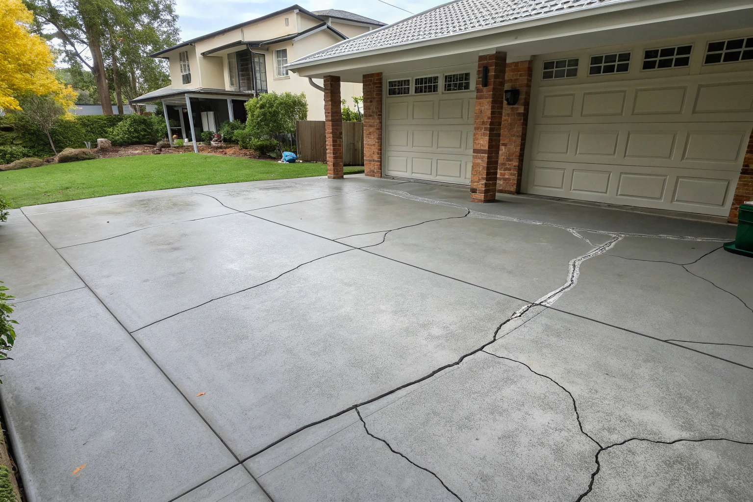 Cracked concrete driveway in front of a residential double garage in Newcastle