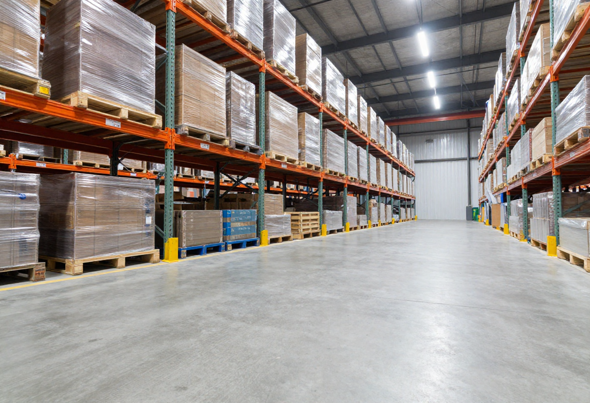 Warehouse storage aisle with a clean grey concrete overlay floor