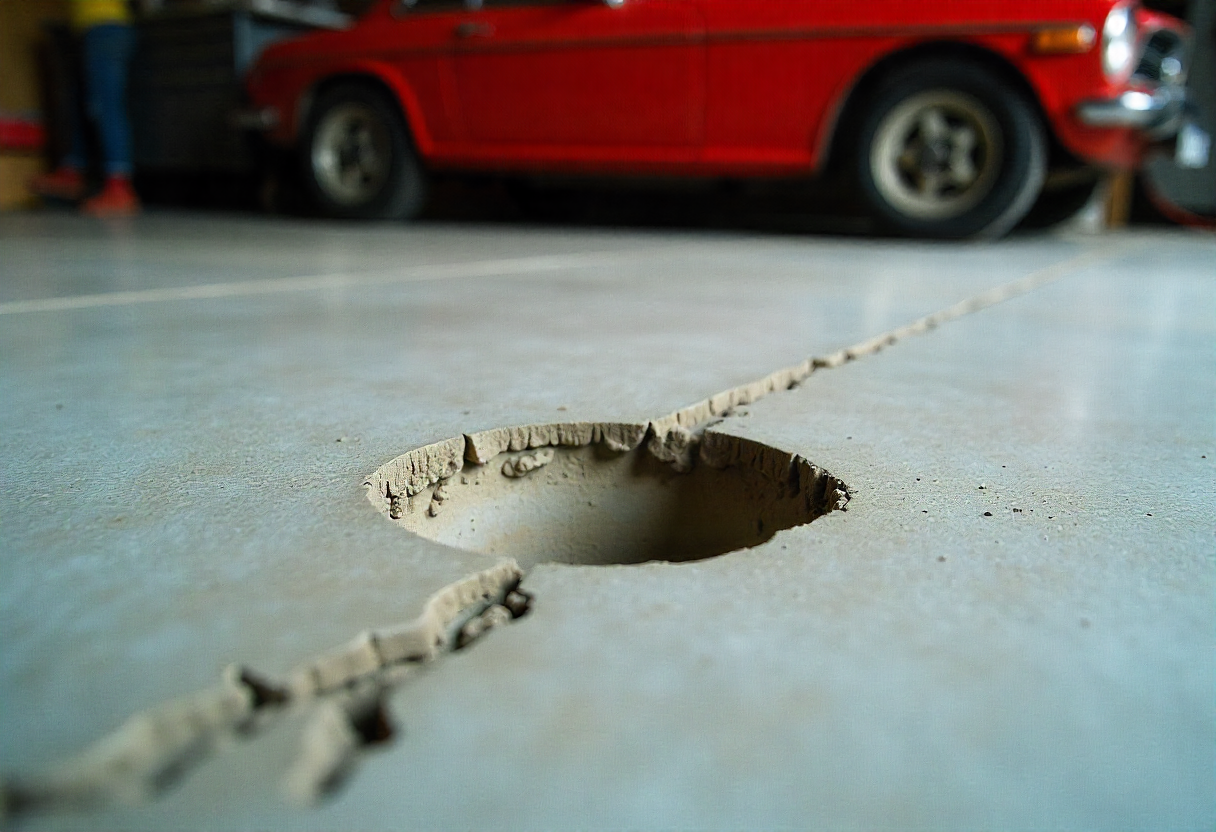 Close-up photograph of a chipped epoxy garage floor showing impact damage