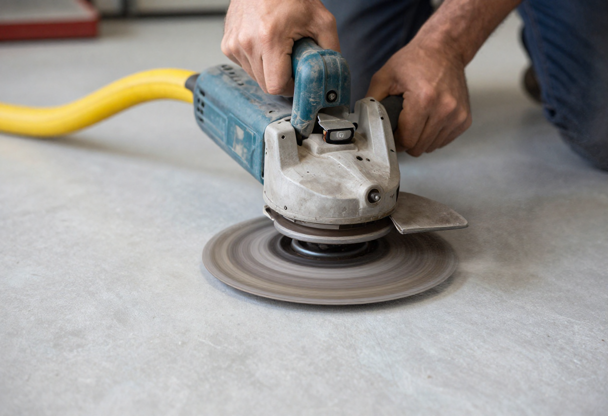 Close-up of a diamond grinder smoothing a concrete floor surface