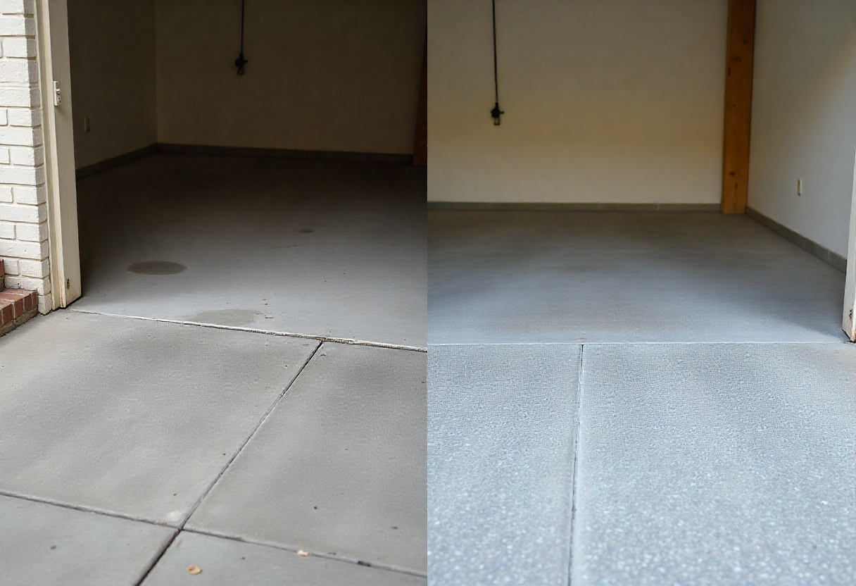 Before-and-after split of a garage floor: plain concrete beside a textured overlay finish