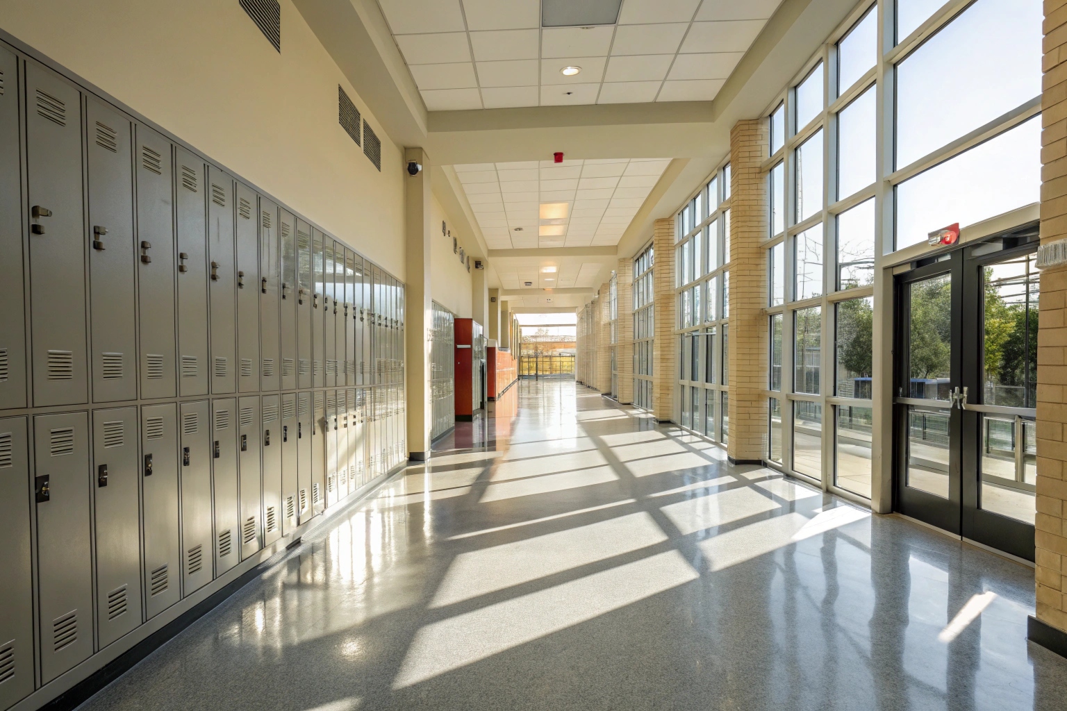 Bright school hallway with clean grey epoxy flooring, lockers along the wall, and natural light