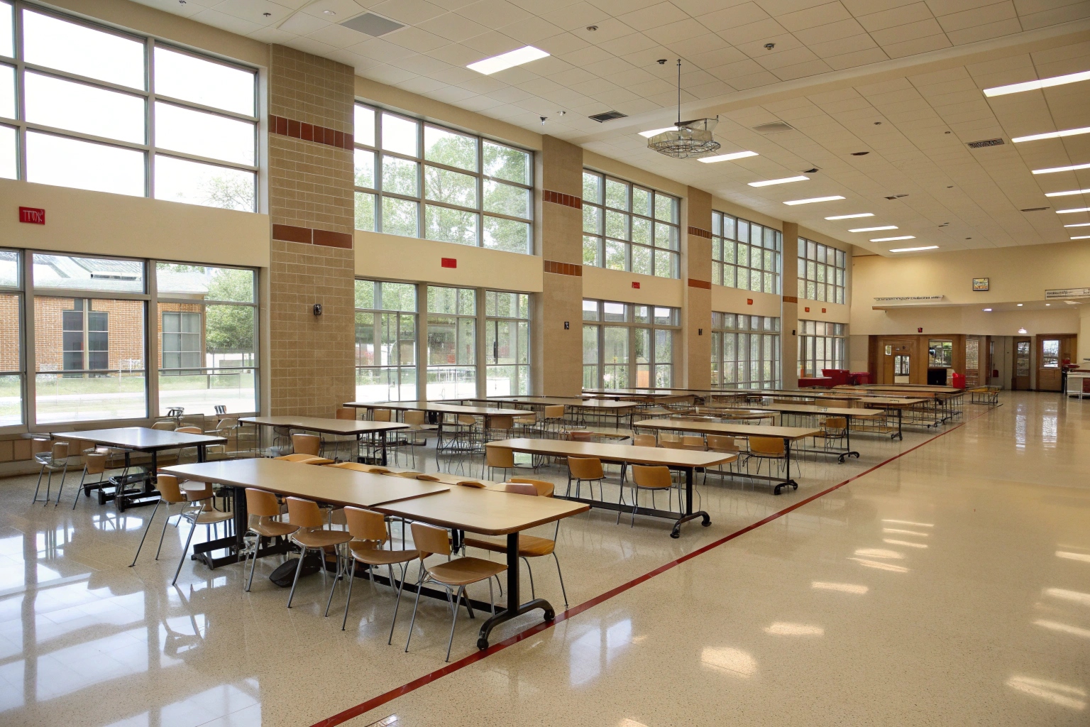 Spacious school cafeteria with light-coloured epoxy flooring and rows of lunch tables and chairs
