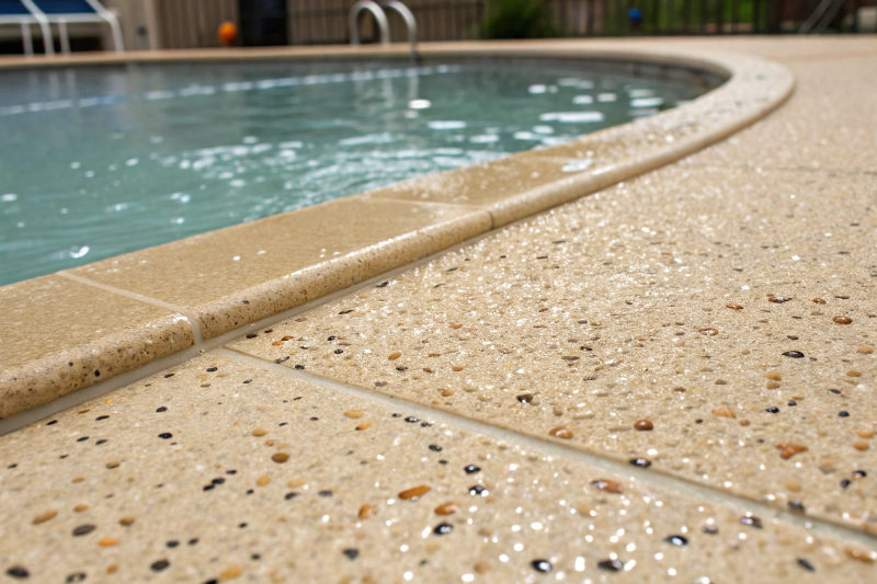 Close-up of anti-slip textured epoxy coating for pool decks showing aggregate finish and water resistance