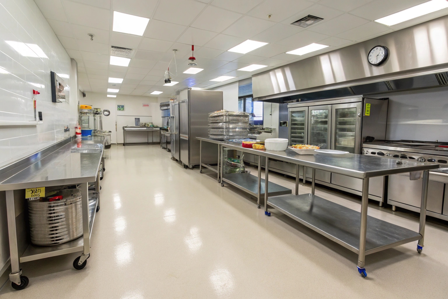 Commercial kitchen prep area with light-coloured seamless epoxy flooring