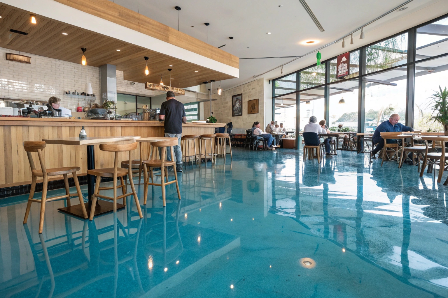 Australian café interior with glossy ocean-blue metallic epoxy floor, timber furniture and natural light