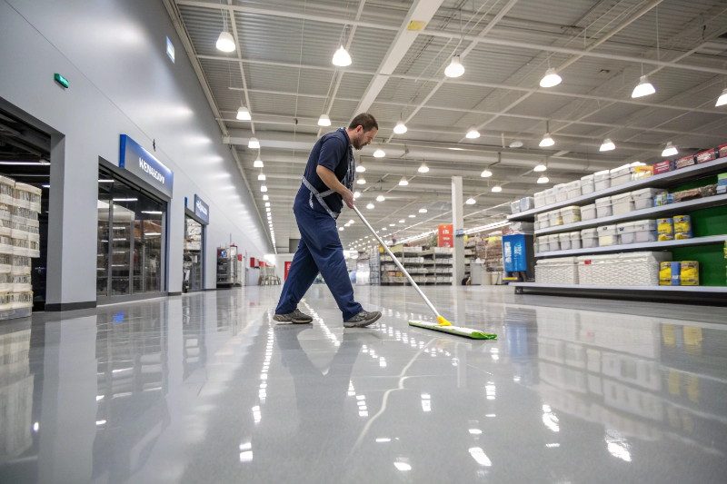 Worker mopping a glossy epoxy floor in a retail warehouse aisle