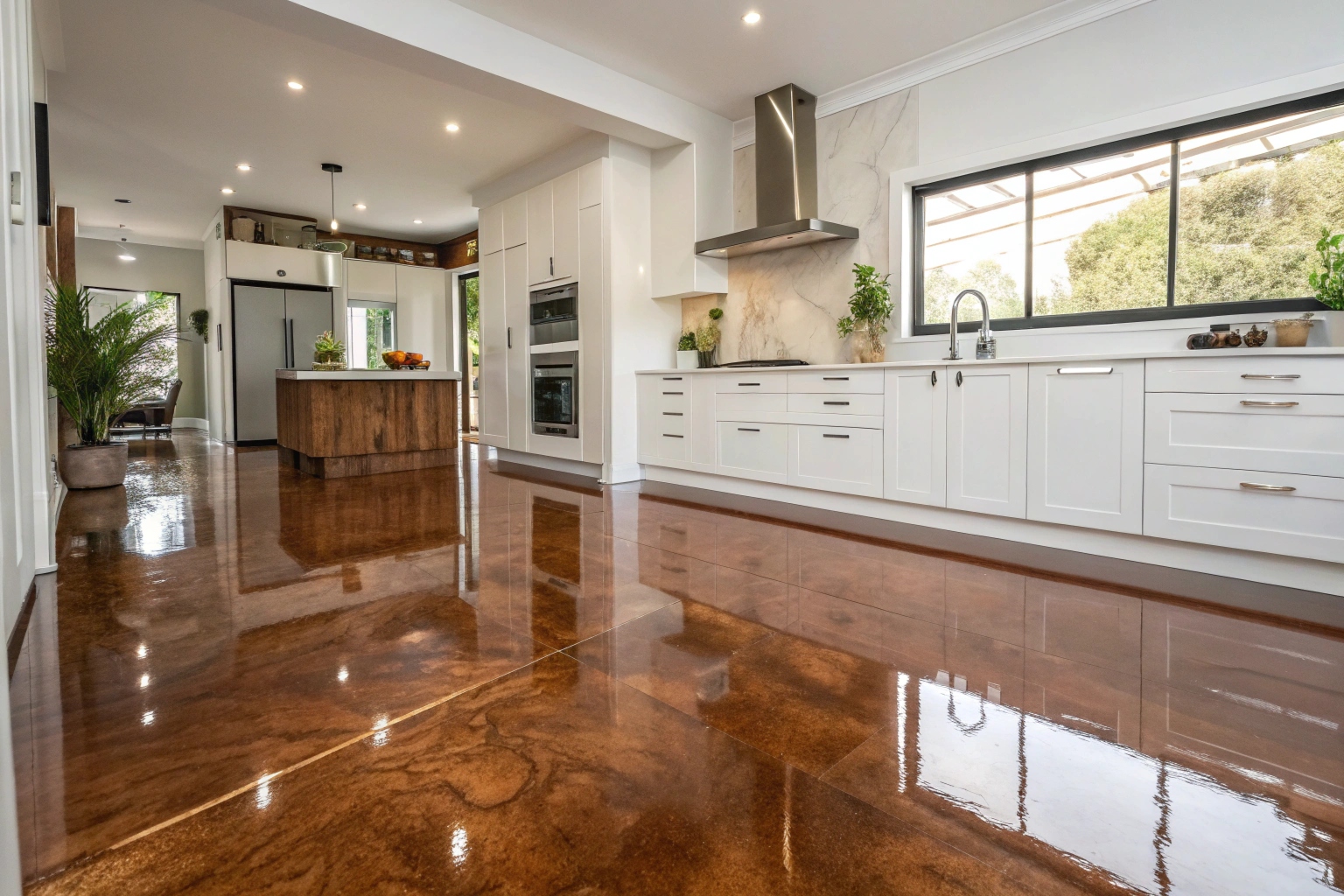 residential kitchen with bronze metallic epoxy floor, white cabinetry, natural timber accents, high-end appliances