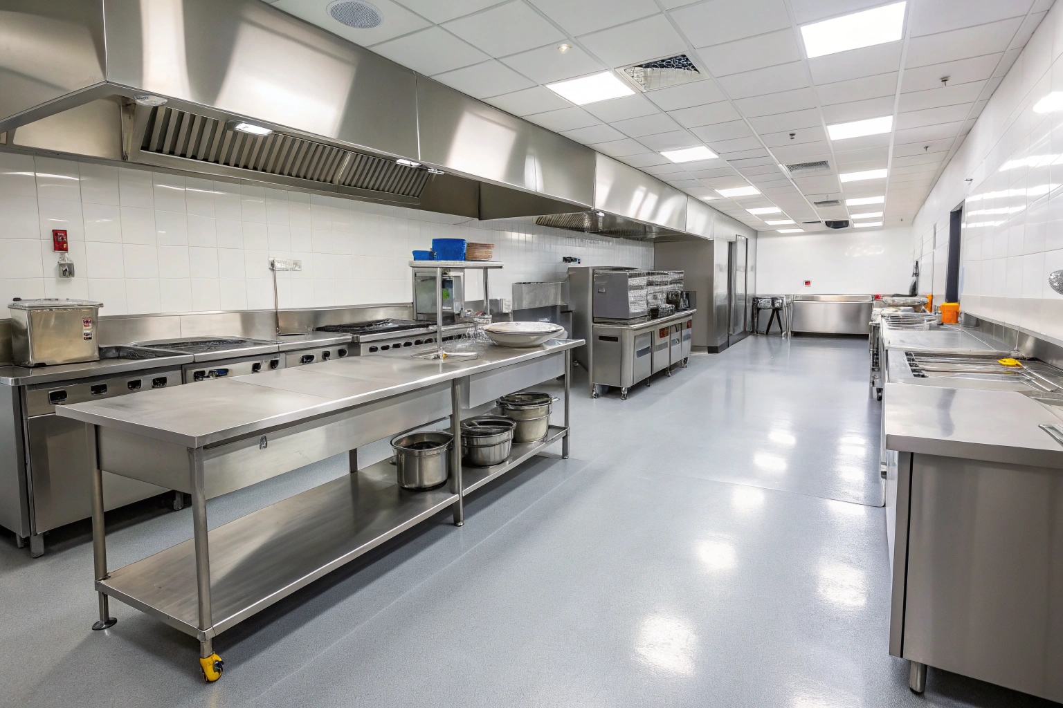 Commercial restaurant kitchen with seamless grey epoxy flooring and stainless steel equipment