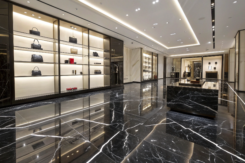 Nero marquina black marble effect epoxy flooring in Newcastle boutique retail space