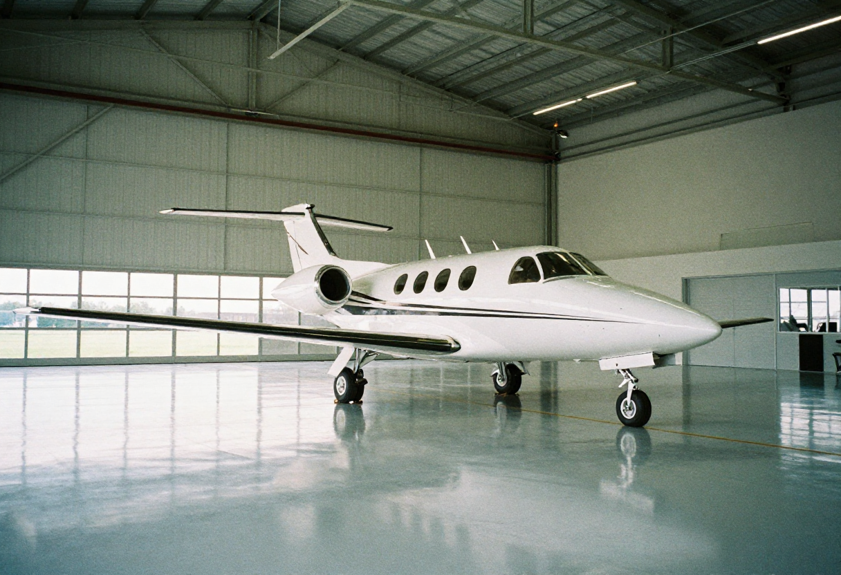 Private jet parked on a glossy epoxy-coated floor inside a modern hangar