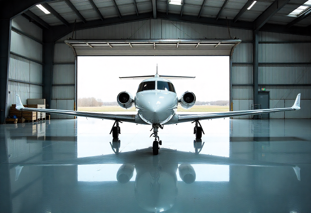 Small jet viewed head-on inside a hangar with a glossy pale grey epoxy floor