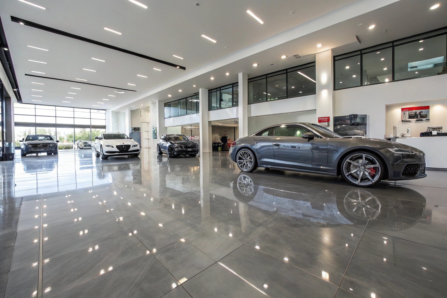 Luxury car showroom with polished pewter-grey reflective epoxy-style floor and vehicles on display