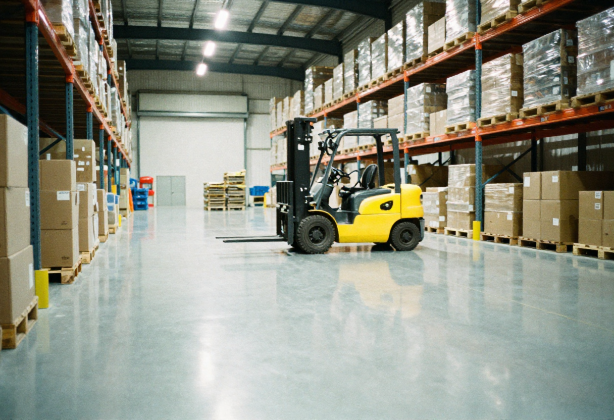Forklift driving through a warehouse aisle with a glossy grey epoxy floor