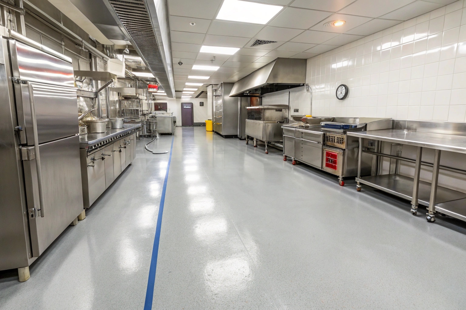 Commercial kitchen with pale grey seamless epoxy flooring and stainless steel prep stations